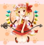  animal_ears ascot blonde_hair blush cat_ears cat_tail dress flandre_scarlet hand_to_mouth hat kemonomimi_mode laevatein michii_yuuki necktie open_mouth red_dress red_eyes ribbon side_ponytail solo tail tail_ribbon the_embodiment_of_scarlet_devil touhou wings 