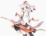  animal_ears arrow bare_shoulders black_legwear blush bow_(weapon) brown_eyes detached_sleeves fang hat inubashiri_momiji open_mouth red_eyes short_hair sil silver_hair simple_background skirt solo tail takashiru thigh-highs thighhighs tokin_hat touhou weapon wolf_ears wolf_tail 