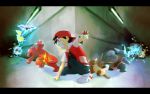  1boy arbok artist_request charmeleon eevee koffing lightning pikachu poke_ball pokemon pokemon_(creature) raticate red_(pokemon) red_(pokemon)_(classic) wartortle zubat 