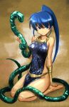  armor bare_shoulders blue_eyes blue_hair bracelet chain_mail chainmail earrings jewelry long_hair necklace original ponytail seiza sitting snake solo 