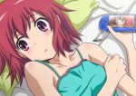  bare_shoulders bed_sheet blush dress embarrassed face frilled_dress frills holding_arm kushieda_minori lying open_mouth pillow playing_games playstation_portable psp purple_eyes red_hair redhead short_hair solo toradora! translated violet_eyes wingheart 