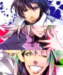  ai_(0304atra) ai_(pixiv2263054) black_eyes black_hair blood daijuuji_kurou demonbane doctor_west green_hair grin lip_piercing male master_therion multiple_boys piercing smile wink yellow_eyes 