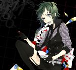  blue_eyes card card_in_mouth cards facepaint facial_mark formal garter_straps gloves green_hair gumi horns kyou_zip lying_card mouth_hold necktie playing_card poker_face_(vocaloid) short_hair shorts solo suit thigh-highs thighhighs vocaloid 