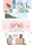  bench blue_hair blush bow casual comic goddess_madoka hair_bow hair_ornament hairclip hoodie kaname_madoka mahou_shoujo_madoka_magica miki_sayaka multiple_girls pink_hair ponytail red_hair redhead sakura_kyouko short_twintails spoilers tatsuno_ryou translated translation_request twintails ultimate_madoka 