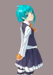  aqua_hair arms_behind_back ascot asymmetrical_hair bad_id blush food freckles fruit highres holding holding_fruit looking_at_viewer looking_back maeda_risou orange original risoumaeda short_hair simple_background skirt smile solo standing striped striped_legwear thigh-highs thighhighs vest 