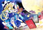  bamboo_broom bloomers book bow braid broom broom_riding dress full_moon hair_bow hat kirisame_marisa moon nanamomo_rio sitting solo star test_tube touhou witch witch_hat wrist_cuffs 
