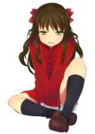  black_legwear brown_hair chinese_clothes footwear green_eyes hair_ribbon highres loafer loafers long_hair melty_blood ribbon shoes simple_background sitting sleepy socks solo tsukihime yukityasoba 