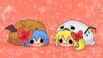  &gt;:3 :3 alternate_costume bat_wings blonde_hair blue_hair blush bow chibi dog flandre_scarlet hair_bow multiple_girls no_hat no_headwear o_o remilia_scarlet seal short_hair side_ponytail star stitches touhou wings yuumisaitou 