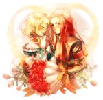  1girl asch blonde_hair bouquet closed_eyes couple crow00 eyes_closed flower gloves green_eyes hairband long_hair natalia_luzu_kimlasca_lanvaldear open_mouth red_hair red_rose redhead rose short_hair surcoat tales_of_(series) tales_of_the_abyss 