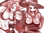  3girls amazon_(dragon&#039;s_crown) armor artist_request bare_shoulders bikini_armor blush braid breast_envy breasts breasts_apart circlet cleavage dragon&#039;s_crown dress elf elf_(dragon&#039;s_crown) gloves hat huge_breasts large_breasts long_hair monochrome multiple_girls muscle pointy_ears sketch smile sorceress_(dragon&#039;s_crown) staring_at_breasts strapless_dress twin_braids vanillaware witch_hat 