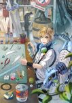  blonde_hair blue_eyes blurry boxcutter brush cable gun headphones kirinosuke open_mouth original paint pliers road_sign robot ruler scissors short_hair shotgun sign smile solo spray_paint suspenders sword weapon wire wristband 