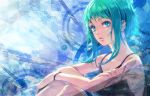  bare_shoulders bust casual green_eyes green_hair gumi just_a_game_(vocaloid) koromono payot short_hair sleeveless solo vocaloid wristband 