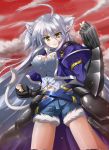  animal_ears armor breasts cat_ears cat_tail cloud clouds dog_days fingerless_gloves gloves highres large_breasts leonmitchelli_galette_des_rois long_hair red_sky setoumi_sora shorts silver_hair sky solo tail thighs yellow_eyes 