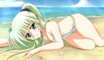  beach blush breasts cleavage einhart_stratos green_hair heterochromia highres km_(artist) long_hair lyrical_nanoha mahou_shoujo_lyrical_nanoha mahou_shoujo_lyrical_nanoha_vivid open_mouth swimsuit water 