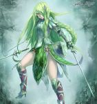  braid dual_wielding green_hair hair_over_one_eye iwaya long_hair original solo sword weapon 