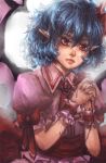  bad_id bat_wings blood colored_eyelashes curly_hair expressionless hands_clasped lips no_hat no_headwear pointy_ears purple_hair red_eyes remilia_scarlet sheryth short_hair short_sleeves solo thorns touhou wings wrist_cuffs 