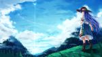  1girl baisi_shaonian blue_hair blue_sky clouds energy_ball energy_beam food forest fruit grass hat highres hinanawi_tenshi landscape long_hair looking_at_viewer mountain nature peach puffy_sleeves red_eyes shirt short_sleeves skirt sky solo touhou turning very_long_hair 