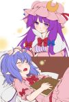  2girls bat_wings blue_hair book bow capelet closed_eyes crescent dress drooling eichi_yuu fang hair_ribbon hand_on_head hat long_hair long_sleeves multiple_girls no_hat no_headwear on_back open_clothes open_coat open_mouth patchouli_knowledge pillow pink_dress pointy_ears puffy_sleeves purple_hair remilia_scarlet ribbon sash short_sleeves sleeping smile striped striped_dress touhou tress_ribbon very_long_hair violet_eyes wings 