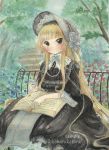  :d blonde_hair blush bonnet book flower frilled_sleeves frills gosick gown green_eyes lolita_fashion millipen_(medium) open_mouth pipe sample sitting smile smoking solo traditional_media victorian victorica_de_blois watercolor_(medium) 
