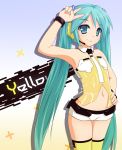  aqua_eyes aqua_hair arm_up armpits bare_shoulders collar detached_collar hand_on_hip hatsune_miku headset highres hips long_hair maymin navel necktie project_diva project_diva_2nd smile solo thigh-highs thighhighs twintails v very_long_hair vocaloid yellow_(vocaloid) 