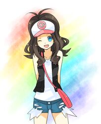  bad_id bag baseball_cap blackspade blue_eyes brown_hair hat long_hair open_mouth pokemon pokemon_(game) pokemon_black_and_white pokemon_bw ponytail shorts smile solo touko_(pokemon) vest wink 