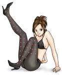  bikini_top brown_eyes brown_hair copyright_request high_heels leg_lift legs pantyhose polka_dot polka_dot_legwear shoes simple_background solo swimsuit uraharukon 