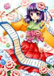  acrylic_paint_(medium) ball brush flower funnyfunny hair_flower hair_ornament hieda_no_akyuu japanese_clothes marker_(medium) purple_eyes purple_hair scroll short_hair solo touhou traditional_media violet_eyes 