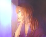  bad_id chin_rest himura_kenshin japanese_clothes long_hair male ponytail profile rurouni_kenshin scar solo sunlight tayoko 