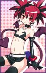  belt black_gloves choker demon_girl demon_tail disgaea earrings elbow_gloves etna flat_chest gloves jewelry midriff navel nyoronyoro pointy_ears red_eyes red_hair redhead skull smile solo tail thighhighs twintails wings 