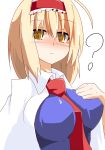  ? alice_margatroid between_breasts blonde_hair blush breasts brown_eyes bust capelet hairband large_breasts necktie okumari ringed_eyes short_hair simple_background solo touhou 