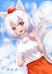  1girl animal_ears blush breasts detached_sleeves emoticon fang hat highres inubashiri_momiji moe_m open_mouth paw_pose pom_pom_(clothes) red_eyes short_hair silver_hair skirt smile solo tail tokin_hat touhou wolf_ears wolf_tail 