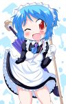  alternate_costume alternate_hairstyle apron bare_legs blue_hair blush dress dress_lift enmaided geetsu gloves karakasa_obake looking_at_viewer maid maid_headdress open_mouth ponytail red_eyes short_hair solo tatara_kogasa touhou umbrella white_gloves wink 