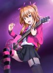  blue_eyes brown_hair c-wing guitar hair_ribbon houjou_hibiki instrument lens_flare miniskirt open_mouth precure ribbon simple_background skirt solo striped striped_legwear suite_precure thigh-highs thighhighs two_side_up 