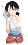  bad_id bare_shoulders black_eyes black_hair chell food glados gloves heart jumpsuit long_hair ponytail portal portal_2 potato smile spoilers taka_yanagi tank_top wink yuri 