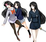  akiyama_mio black_hair black_legwear blazer butterfly cardigan crossover ga-rei ga-rei_zero highres hime_cut isayama_yomi jewelpet_(series) jewelpet_sunshine k-on! legs loafers long_hair look-alike lookalike mizushiro_kanon multiple_girls pantyhose school_uniform serafuku shoes simple_background smile sword tears uniform weapon yamasuke_mk2 