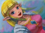  1girl bangs blue_eyes breasts dress elf hair_ornament hair_ribbon hylian jewel jewelry large_breasts laughing long_hair looking_at_viewer nintendo open_mouth pink_dress pointy_ears princess_zelda ribbon shawl skyward_sword smile solo the_legend_of_zelda tomatama 