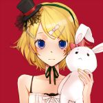  artist_request bad_id blonde_hair blue_eyes bow bunny earrings hair_ornament hairclip hat jewelry kagamine_rin kandume_(nakko13) mini_top_hat portrait rabbit short_hair solo stuffed_animal stuffed_toy top_hat vocaloid 