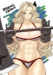  amazon_(dragon&#039;s_crown) armlet armor axe bikini_armor blonde blonde_hair breasts circlet dragon&#039;s_crown feathers female gloves green_eyes headband kimuchi large_breasts long_hair muscle muscles muscular_female solo vanillaware weapon 