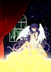  angel_wings anklet bad_id blue_hair curtains dress highres holding hoshi_ebi jewelry long_hair original sitting sky solo star star_(sky) starry_sky very_long_hair window wings 