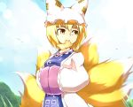  aburaage blonde_hair bust food fox_tail grass hands_in_sleeves hat keta_(psychetangle) keta_icetea mouth_hold multiple_tails short_hair solo tail touhou yakumo_ran yellow_eyes 