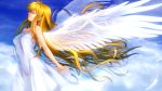  angel_wings blonde_hair breasts closed_eyes cloud clouds dress eyes_closed feathers hair_down hair_ribbon highres kamio_misuzu kawakami_tomoko long_hair mutsuki_(moonknives) ribbon sky sundress very_long_hair wings 