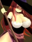  artist_request bare_shoulders brown_eyes brown_hair cleavage curvy detached_sleeves dragon&#039;s_crown dragon's_crown dress hat hinuki_marina hips huge_breasts large_breasts long_hair red_hair simple_background solo sorceress sorceress_(dragon&#039;s_crown) sorceress_(dragon's_crown) staff standing strapless_dress vanillaware weapon wide_hips witch witch_hat 