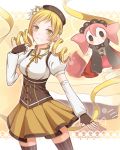  beret blonde_hair blush cake charlotte corset detached_sleeves drill_hair food hat magical_girl mahou_shoujo_madoka_magica qinecat skirt smile strawberry thigh-highs tomoe_mami yellow_eyes zettai_ryouiki 