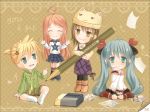  :3 aqua_hair blonde_hair blush boots brown_hair character_request closed_eyes dress frown green_eyes hair_bow hatsune_miku kagamine_len kneeling long_hair miki_(vocaloid) necklace necktie open_mouth paper pencil pink_hair qinecat shorts skirt sweatdrop thumbs_up twintails vocaloid yellow_eyes 