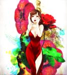  absolute_cleavage breasts brown_eyes brown_hair cleavage dress imuto meiko petals red_dress short_hair side_slit solo vocaloid 