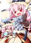  animal_ears armor braid chibi daiteikoku fang gloves helmet horns pink_hair pointing red_eyes reku twin_braids viking 