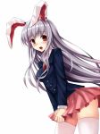  1girl animal_ears blush long_hair looking_at_viewer mushroom_(artist) open_mouth rabbit_ears red_eyes reisen_udongein_inaba silver_hair simple_background skirt solo thigh-highs touhou white_background white_legwear 