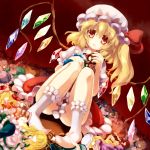  1girl blonde_hair blue_dress brown_dress brown_hair character_doll doll_joints dress flandre_scarlet gengetsu_chihiro green_eyes hat hat_ribbon highres looking_at_viewer open_mouth pigeon-toed puffy_sleeves purple_dress red_dress red_eyes redhead ribbon short_sleeves side_ponytail sitting solo touhou wings yakumo_yukari 