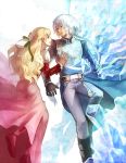  1girl armor aruk belt blonde_hair blue_eyes boots bow braid claire_bennett couple dress flower green_eyes hair_flower hair_ornament ice long_hair pants ribbon smile tales_of_(series) tales_of_rebirth veigue_lungberg white_hair 