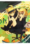  1boy 1girl :q ahoge aki_(mare_desiderii) black_legwear blonde_hair brother_and_sister controller famicom formal fur_collar game_controller green_eyes kagamine_len kagamine_rin kneehighs legs office_chair remote_control rimocon_(vocaloid) short_hair siblings sitting sitting_on_lap sitting_on_person smile symbol-shaped_pupils tongue twins vocaloid 